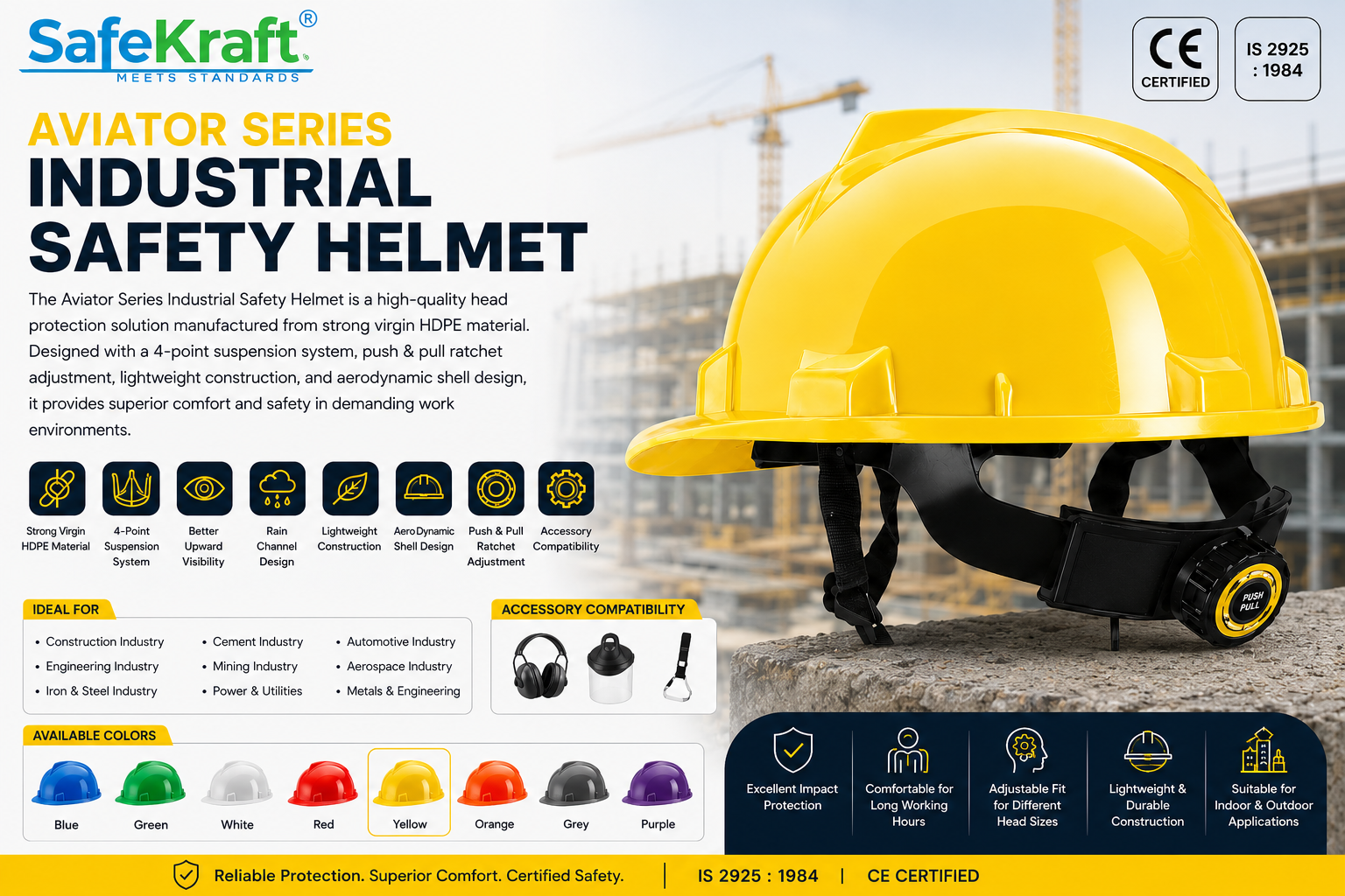 SafeKraft Aviator Series Industrial Safety Helmet Yellow HDPE Ratchet Safety Helmet SafeKraft Aviator Series Industrial Safety Helmet Yellow HDPE Ratchet Safety Helmet