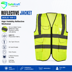 SafeKraft Reflective Jacket SKRJG-109-2 hi-vis safety jacket with 50 mm reflective tape and zip closure