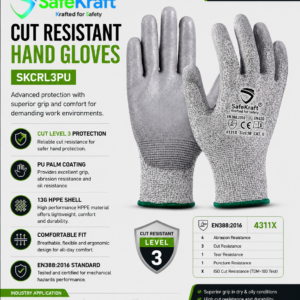 SafeKraft Cut Resistant Hand Gloves SKCRL3PU | PU Palm Level 3 Gloves
