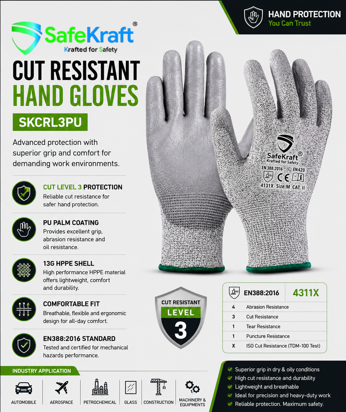 Cut Resistant Hand Gloves – SKCRL3PU SafeKraft Cut Resistant Hand Gloves SKCRL3PU | PU Palm Level 3 Gloves