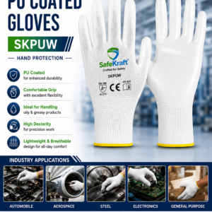 SafeKraft SKPUW White PU Coated Industrial Safety Gloves with Comfortable Grip for Precision Handling and Oily Product Applications