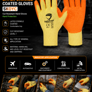 SafeKraft SKOYC Latex Crinkle Coated Gloves Orange Yellow Industrial Safety Gloves with Comfortable Grip