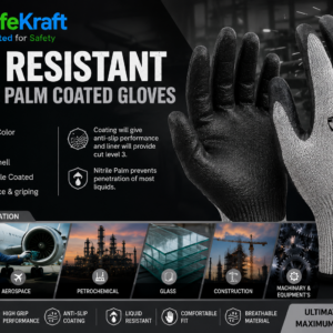 SafeKraft Nitrile Palm Coated Gloves SKCRL3 with Cut Level 3 protection, 13G HPPE shell, smooth nitrile coating, and anti-slip grip for industrial hand safety.