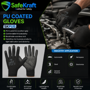 SafeKraft SKPUB Black PU Coated Industrial Safety Gloves with Comfortable Grip for Precision Handling and Oily Product Applications