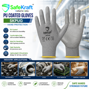 SafeKraft PU Coated Gloves SKPUG grey polyurethane coated safety gloves with comfortable grip for precision handling, oily products, and industrial hand protection.