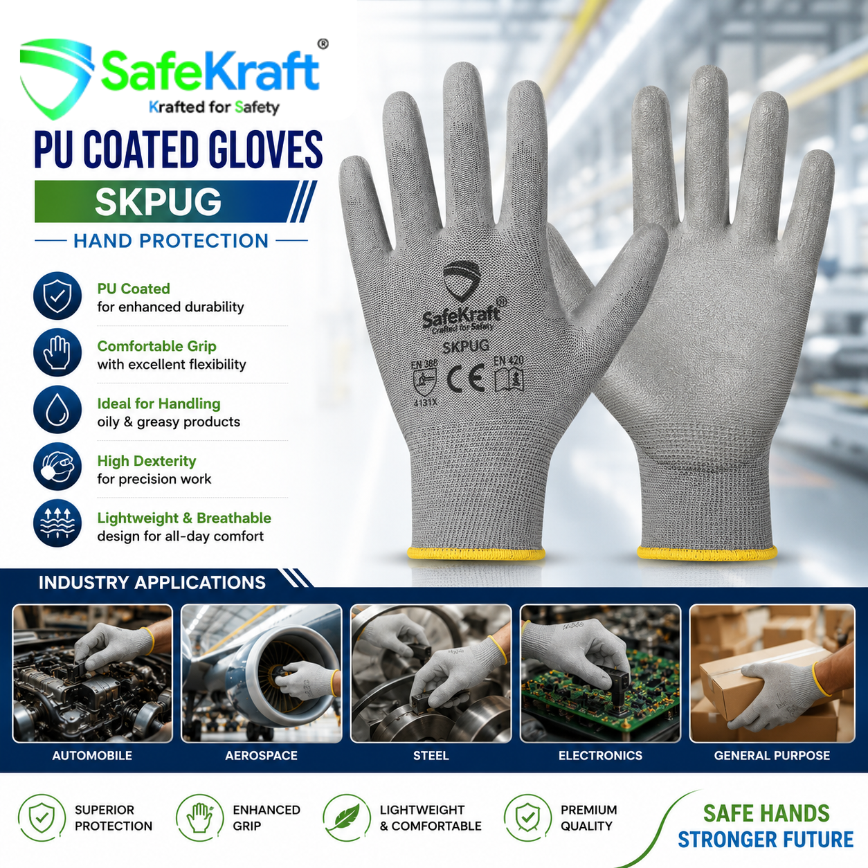 SAFEKRAFT PU COATED GLOVES – SKPUG SafeKraft PU Coated Gloves SKPUG grey polyurethane coated safety gloves with comfortable grip for precision handling, oily products, and industrial hand protection.