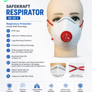 SafeKraft Respirator SK 20 V FFP2 respiratory protection mask with Double Shell Technology, adjustable braided headbands, aluminium nose clip, and leakproof filter media.