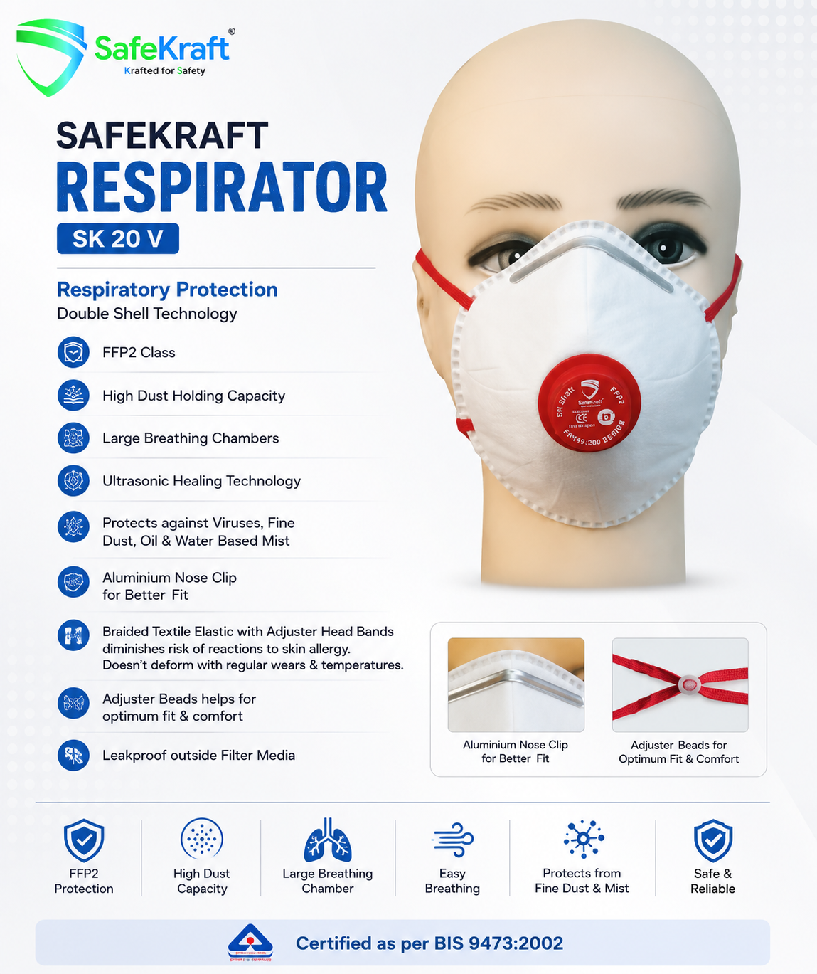 SAFEKRAFT RESPIRATOR – SK 20 V SafeKraft Respirator SK 20 V FFP2 respiratory protection mask with Double Shell Technology, adjustable braided headbands, aluminium nose clip, and leakproof filter media.