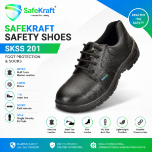 SafeKraft Tyson DD Safety Shoes with composite toe, buff suede leather upper, double density PU sole, antistatic protection, and shock-absorbing sole for industrial foot protection.