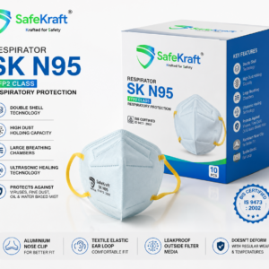SafeKraft Respirator SK N95 FFP2 mask with Double Shell Technology, aluminium nose clip, and leakproof filter media for reliable respiratory protection.