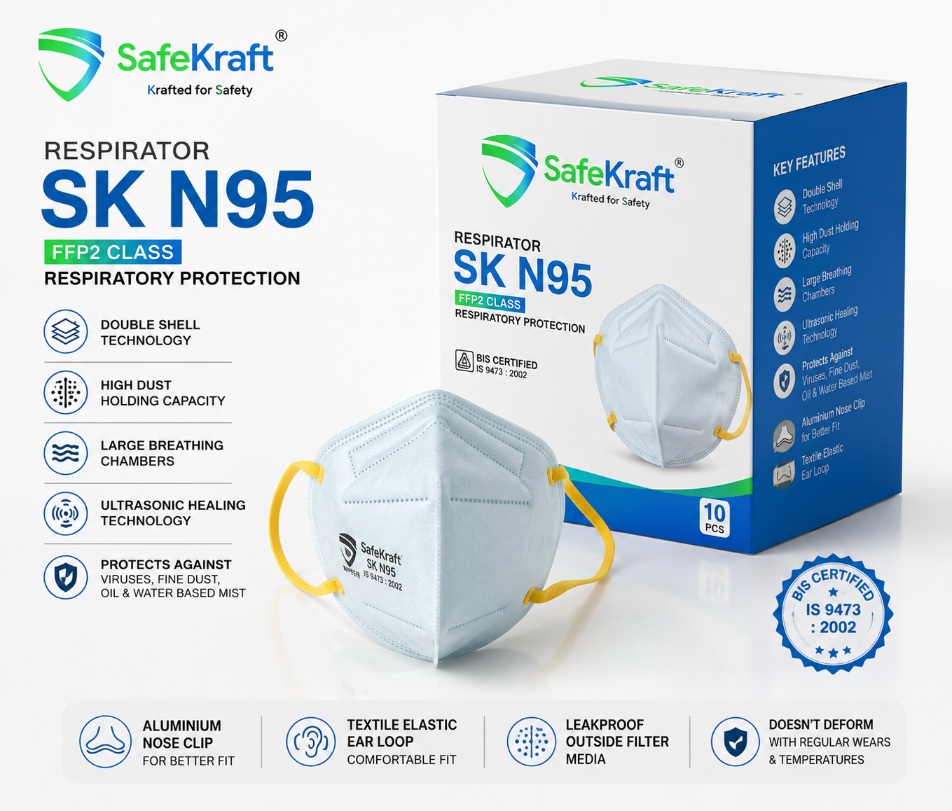 SafeKraft Respirator SK N95 SafeKraft Respirator SK N95 FFP2 mask with Double Shell Technology, aluminium nose clip, and leakproof filter media for reliable respiratory protection.