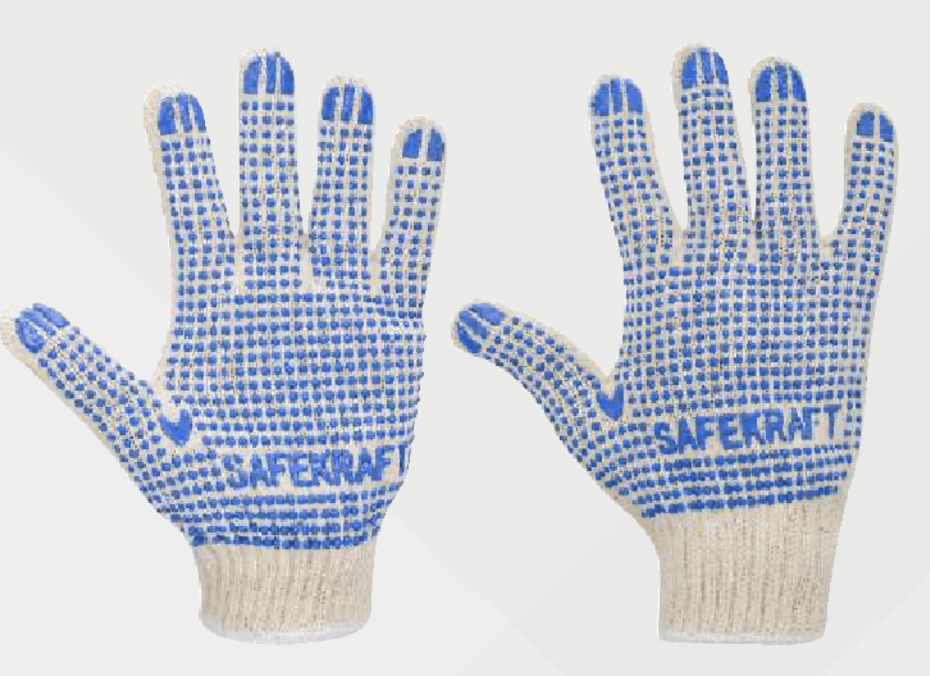 The SafeKraft PVC Dotted Gloves SKDDG are premium PVC Dotted Gloves made from high-quality cotton knitted fabric with double-sided PVC dots for superior grip and comfort. They are ideal for material handling, warehouses, manufacturing, automobile, aerospace, steel, electronics, and general industrial applications.