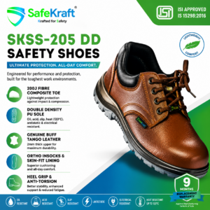"SafeKraft SKSS 205 DD composite toe industrial safety shoes with PU sole and ISI certification."