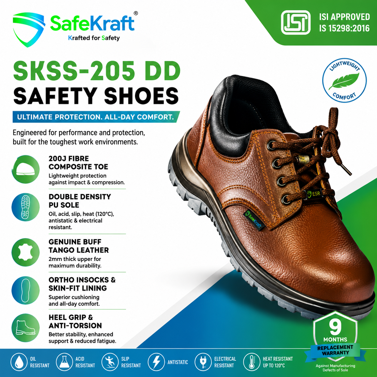 SKSS 205 DD "SafeKraft SKSS 205 DD composite toe industrial safety shoes with PU sole and ISI certification."