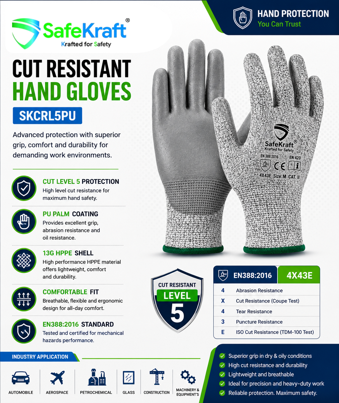 SafeKraft Cut Resistant Hand Gloves – SKCRL5PU SafeKraft Cut Resistant Hand Gloves – SKCRL5PU