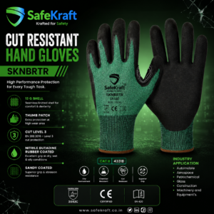 SafeKraft SKNBRTR Cut Resistant Hand Gloves with Nitrile Sandy Coating and Cut Level 3 Protection