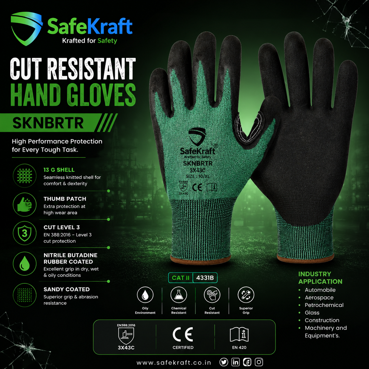 SafeKraft Cut Resistant Hand Gloves – SKNBRTR SafeKraft SKNBRTR Cut Resistant Hand Gloves with Nitrile Sandy Coating and Cut Level 3 Protection
