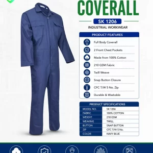 SafeKraft SK 1206 Full Body Industrial Coverall made from 100% cotton 210 GSM twill fabric.