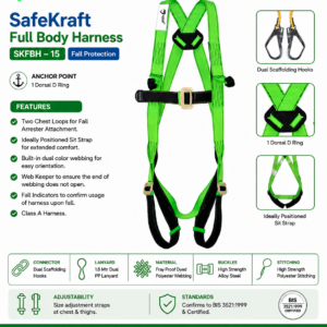 SafeKraft Full Body Harness SKFBH-15 with dorsal D-ring, chest loops, dual PP lanyard, and scaffolding hooks for industrial fall protection and work at height.