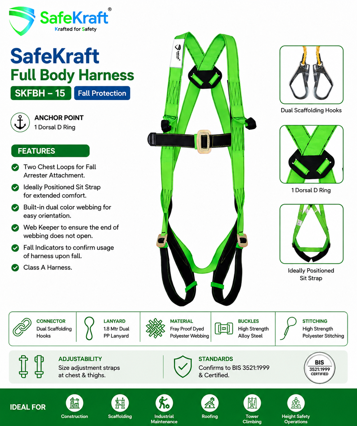 SafeKraft Full Body Harness SKFBH – 15 SafeKraft Full Body Harness SKFBH-15 with dorsal D-ring, chest loops, dual PP lanyard, and scaffolding hooks for industrial fall protection and work at height.