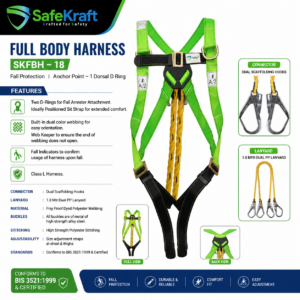 SafeKraft Full Body Harness SKFBH-18 with dorsal D-ring, dual fall arrester D-rings, dual PP lanyard, and scaffolding hooks for work at height.