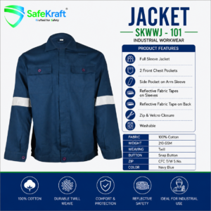 SafeKraft Jacket SKWWJ-101 full sleeve cotton industrial work jacket with reflective tapes and utility pockets in navy blue.