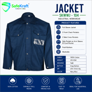 SafeKraft Jacket SKWWJ-104 full sleeve 100% cotton industrial work jacket with utility pockets in navy blue.