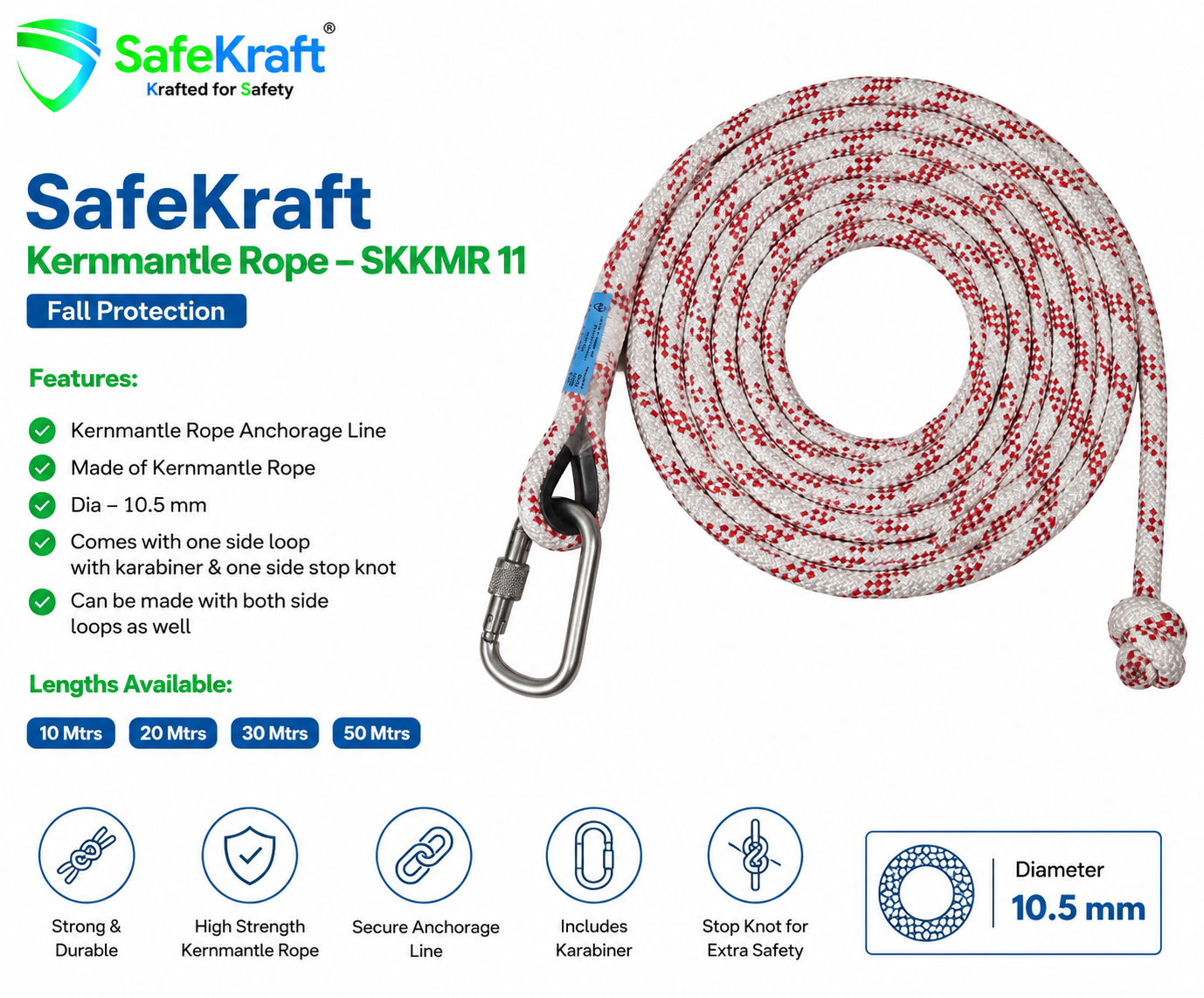 SafeKraft Kernmantle Rope – SKKMR 11 SafeKraft SKKMR 11 Kernmantle Rope Anchorage Line with 11 mm diameter and karabiner for fall protection.