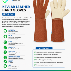 SafeKraft SKPKG-1401 Kevlar leather hand gloves with Aramid stitching and 850°C heat resistance for industrial hand protection.