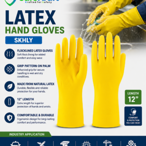 SafeKraft SKHLY Yellow Natural Latex Hand Gloves with Flock-Lined Interior, Textured Palm Grip, and 12-Inch Length for Industrial Safety
