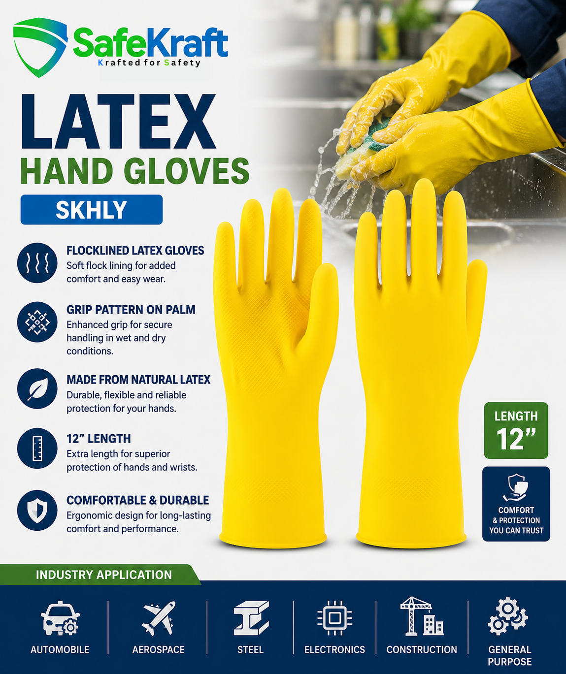 SafeKraft Latex Hand Gloves – SKHLY SafeKraft SKHLY Yellow Natural Latex Hand Gloves with Flock-Lined Interior, Textured Palm Grip, and 12-Inch Length for Industrial Safety