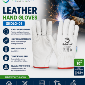 SafeKraft Leather Hand Gloves SKDLG-01 white chrome leather safety gloves for industrial hand protection.