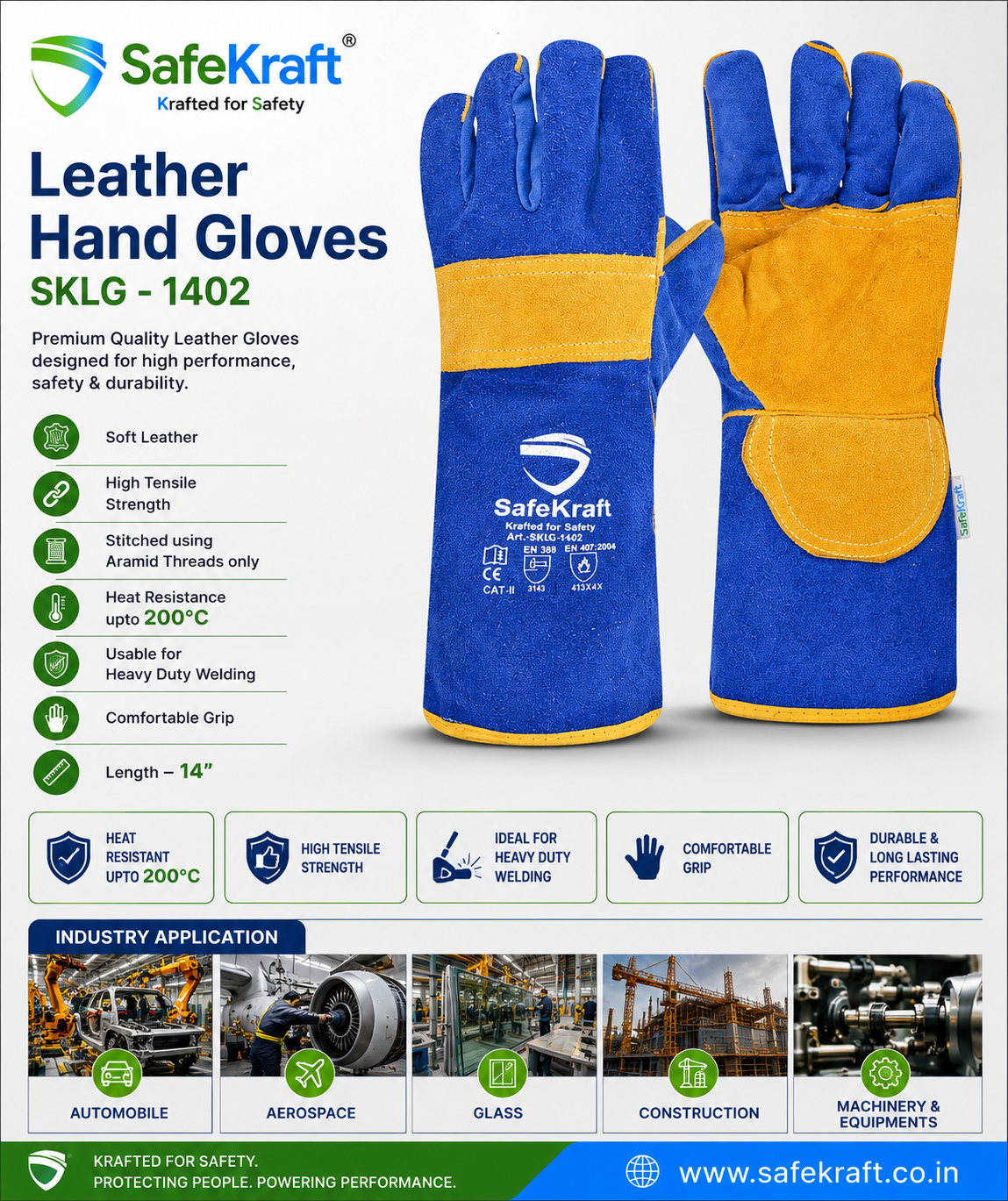 SafeKraft Leather Hand Gloves – SKLG - 1402 SafeKraft Leather Welding Hand Gloves SKLG-1402 | Heat Resistant Gloves