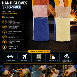 SafeKraft Leather Hand Gloves SKLG-1403 made from medium soft leather with heat resistance up to 100°C for welding and industrial hand protection.