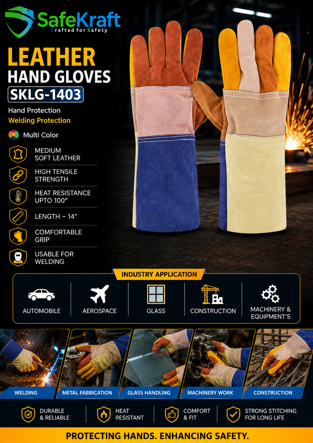 SafeKraft Leather Hand Gloves – SKLG-1403 SafeKraft Leather Hand Gloves SKLG-1403 made from medium soft leather with heat resistance up to 100°C for welding and industrial hand protection.