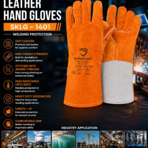SafeKraft Leather Hand Gloves SKLG-1401 with soft leather, Aramid stitching, 200°C heat resistance, and comfortable grip for welding and industrial applications.
