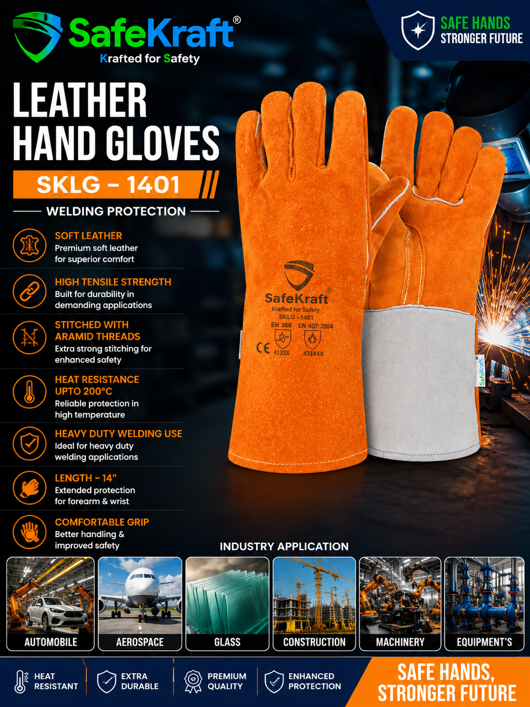 SafeKraft Leather Hand Gloves – SKLG – 1401 SafeKraft Leather Hand Gloves SKLG-1401 with soft leather, Aramid stitching, 200°C heat resistance, and comfortable grip for welding and industrial applications.