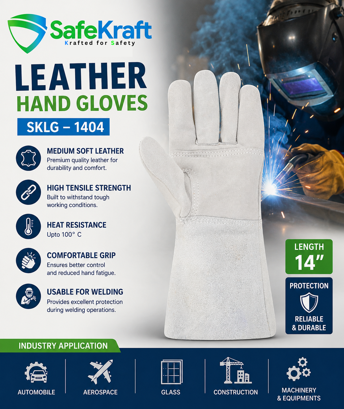 SafeKraft Leather Hand Gloves – SKLG – 1404 SafeKraft SKLG-1404 Leather Welding Hand Gloves for welding and industrial safety.