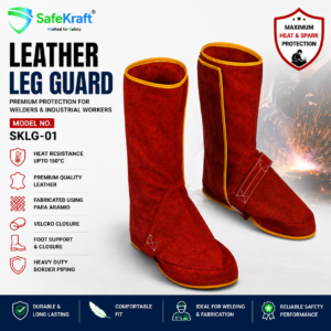 SafeKraft Leather Leg Guard SKLG-01 premium leather heat resistant welding leg guard with Velcro closure and foot support.