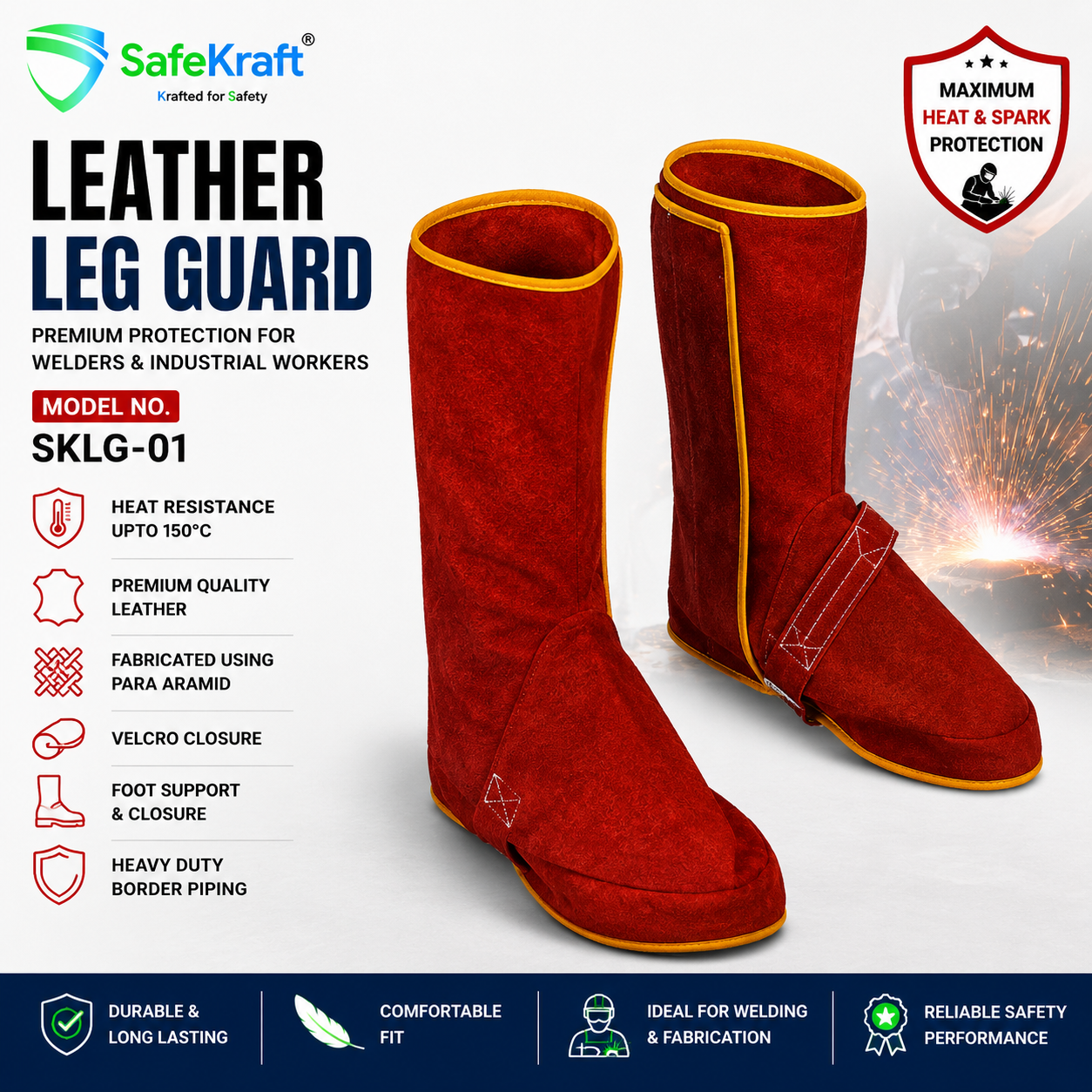 SafeKraft Leather Leg Guard SKLG-01 premium leather heat resistant welding leg guard with Velcro closure and foot support. SafeKraft Leather Leg Guard SKLG-01 premium leather heat resistant welding leg guard with Velcro closure and foot support.