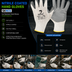 SafeKraft Nitrile Coated Hand Gloves SKNCG with nitrile-coated palm and Cut Level 1 protection.