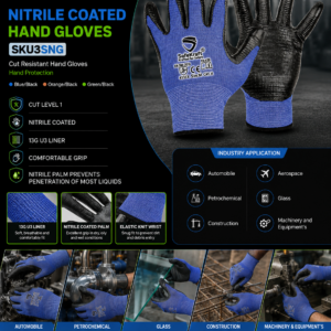 SafeKraft Nitrile Coated Hand Gloves SKU3SNG with 13G liner and Cut Level 1 protection for industrial safety.