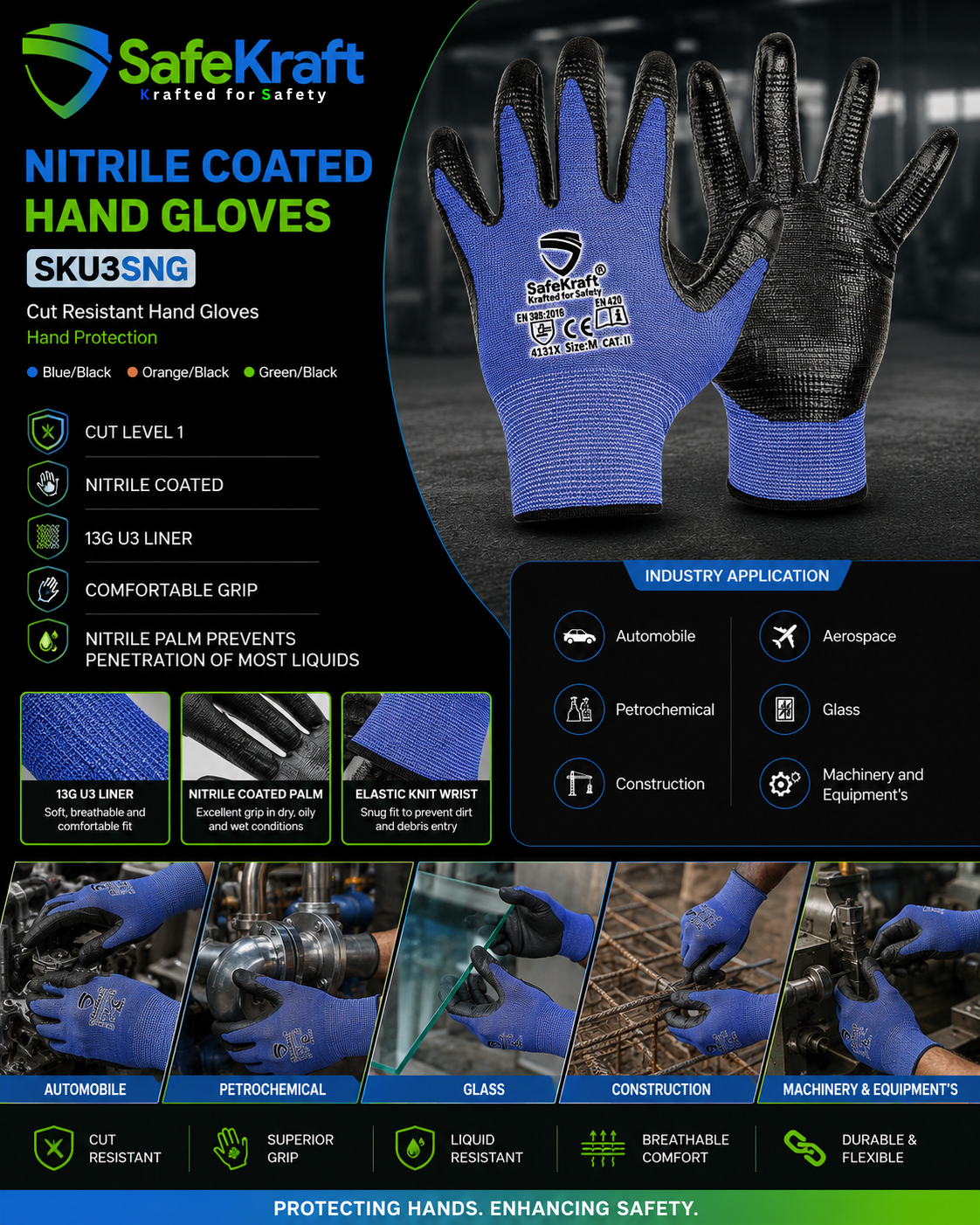SafeKraft Nitrile Coated Hand Gloves – SKU3SNG SafeKraft Nitrile Coated Hand Gloves SKU3SNG with 13G liner and Cut Level 1 protection for industrial safety.