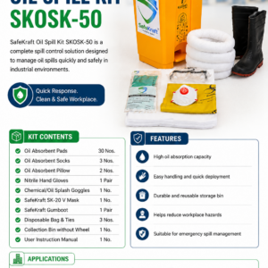 SafeKraft Oil Spill Kit SKOSK-50 with 50-litre collection bin, absorbent pads, socks, pillows, nitrile gloves, splash goggles, nose mask, gumboots, and spill response accessories for industrial oil spill control.