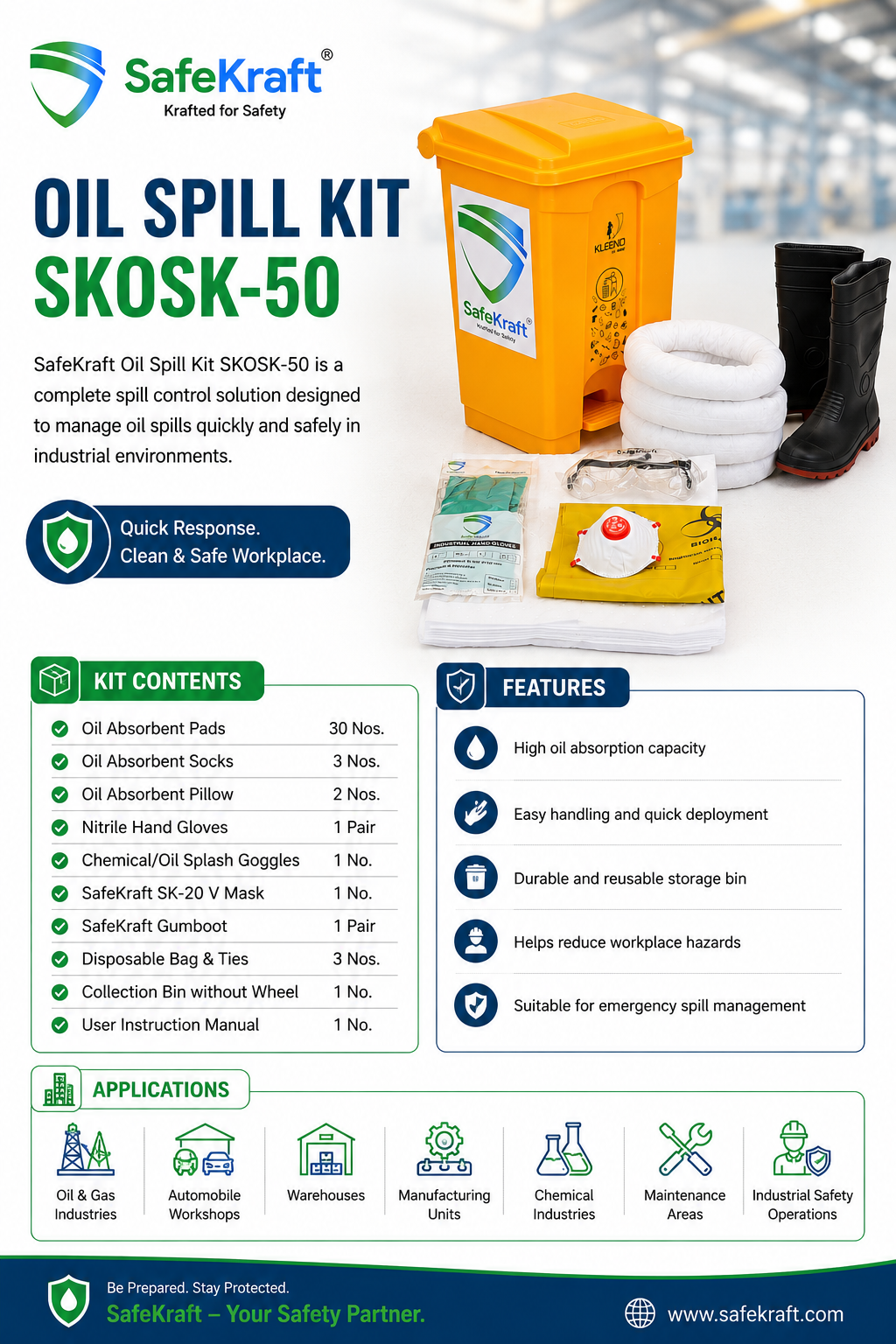 SafeKraft Oil Spill Kit – SKOSK-50 SafeKraft Oil Spill Kit SKOSK-50 with 50-litre collection bin, absorbent pads, socks, pillows, nitrile gloves, splash goggles, nose mask, gumboots, and spill response accessories for industrial oil spill control.