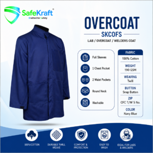 SafeKraft Overcoat SKCOFS full sleeve navy blue cotton lab and welders overcoat with chest and waist pockets.