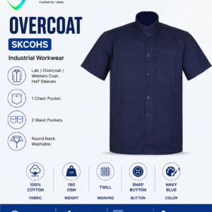 SafeKraft Overcoat SKCOHS half sleeve navy blue cotton industrial lab and welders overcoat with chest and waist pockets.