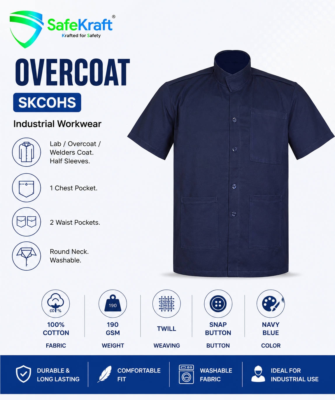 SafeKraft Overcoat – SKCOHS SafeKraft Overcoat SKCOHS half sleeve navy blue cotton industrial lab and welders overcoat with chest and waist pockets.