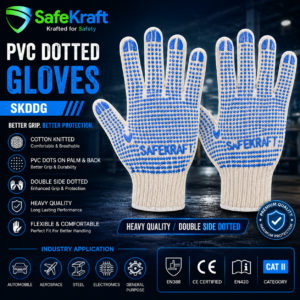 The SafeKraft PVC Dotted Gloves SKDDG are premium PVC Dotted Gloves made from high-quality cotton knitted fabric with double-sided PVC dots for superior grip and comfort. They are ideal for material handling, warehouses, manufacturing, automobile, aerospace, steel, electronics, and general industrial applications.