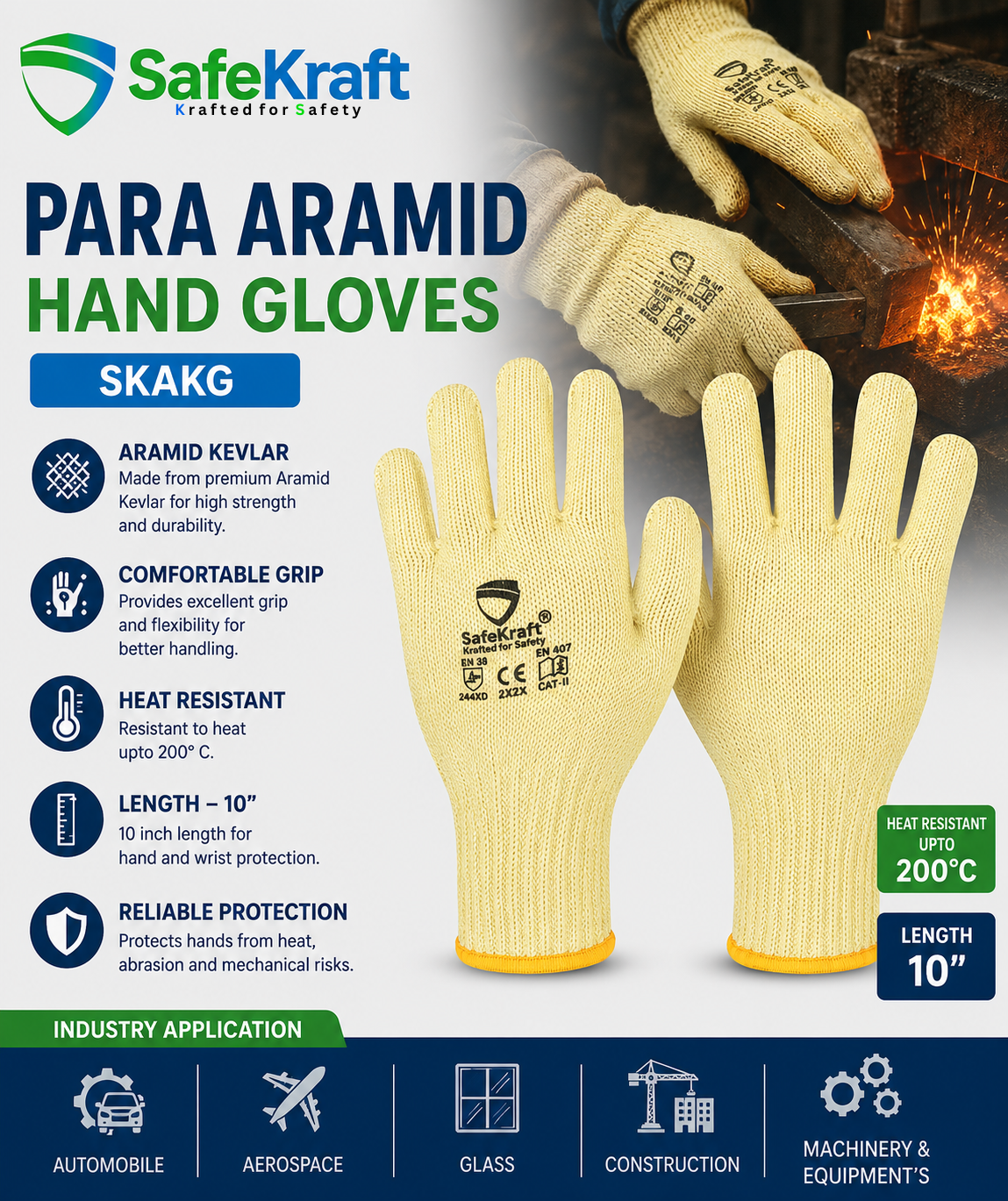 SafeKraft Para Aramid Hand Gloves – SKAKG SafeKraft SKAKG Para Aramid Kevlar Heat Resistant Hand Gloves Yellow 10 Inch Industrial Safety Gloves